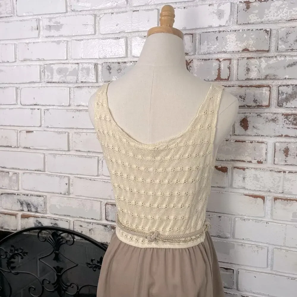 Vintage 70s Crochet Top Cream & Tan Metallic Rope Belt Pull On Midi Dress 6 - Picture 12 of 12